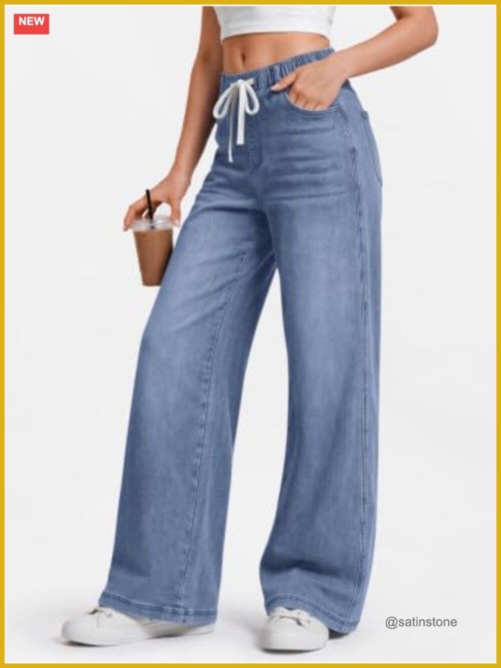Wide Leg Jeans Stretchy Drawstring Waist Baggy Denim Pants - Picture 2 of 5